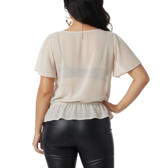 GUESS Sheer Beige Flutter Drawstring Blouse V-Neck XS - Glam Chic Y2K Whimsigoth - Picture 3 of 13